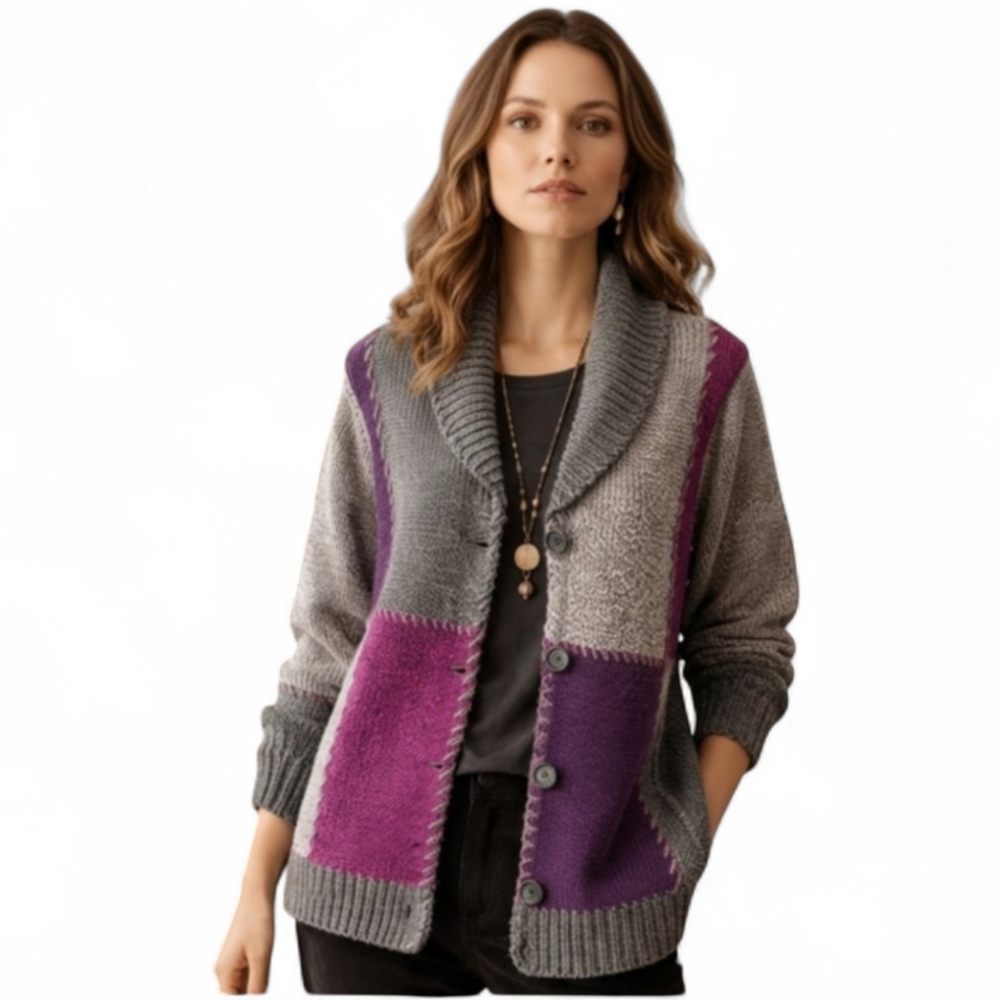 ALIA Art to Wear Patchwork Colorblock Wool-Blend Knit Cardigan – Size Medium
